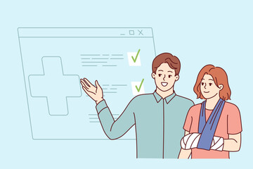 Health insurance agent stands near injured woman, displaying financial compensation approval spreadsheet. Man talks about importance of health insurance to avoid personal debts and loans