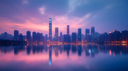 Fototapeta premium A beautiful cityscape at sunrise with a reflection in the water.