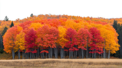 Autumn foliage showcasing vibrant red, orange, and yellow trees in a misty forest during fall