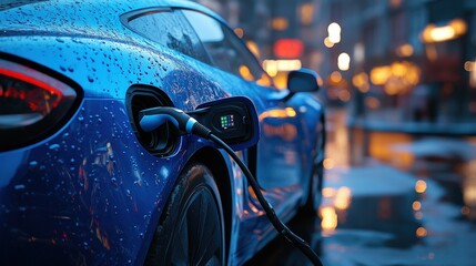 A blue electric car charging in the city at night, with raindrops on the car.