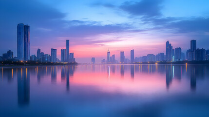 Fototapeta premium A beautiful cityscape reflecting in the water at dawn, with a pink and blue sky and a cityscape in the background.