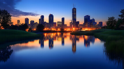 Fototapeta premium A beautiful cityscape with a lake and trees reflecting the skyline at sunrise.