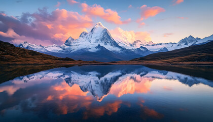 Nature Bliss: A serene mountain landscape with a lake reflecting the snowy peaks at sunrise