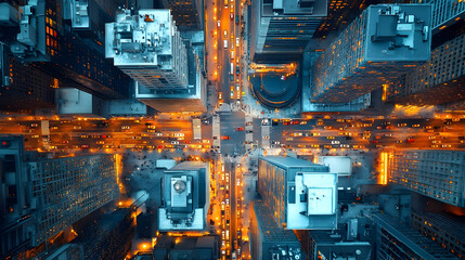 A bird's eye view of a busy city intersection at night, with tall buildings and traffic lights.