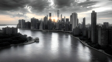 Obraz premium A black and white aerial view of the Manhattan skyline at sunset, with the sun shining through the clouds and reflecting on the East River.