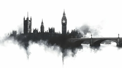 Fototapeta premium A black and white artistic silhouette of the Houses of Parliament and Big Ben in London