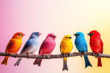 A vibrant display of colorful birds perched on a branch against a soft gradient background, showcasing nature's beauty.