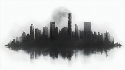 Fototapeta premium A black and white cityscape silhouette with a full moon and reflection in the water.