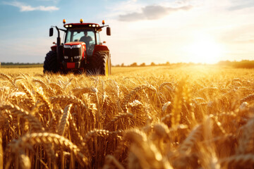 Fototapeta premium A vibrant sunset highlights a tractor harvesting wheat in a golden field, showcasing the beauty of agriculture and farming.