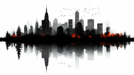 Naklejka premium A black and white cityscape skyline with a reflection in the water. There is a forest with orange flames in front of the city.