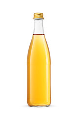 Glass bottle with sparkling orange soft drink isolated. Transparent PNG image.