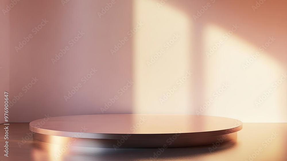 Poster a minimalist display platform with soft lighting, perfect for showcasing products or art in a serene