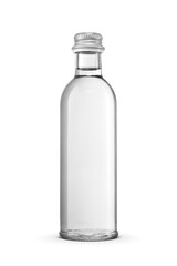 Purified water in a small clear glass bottle with aluminum screw cap isolated. Transparent PNG image.