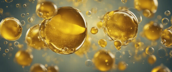 Abstract background banner with various yellow bubbles of oil or serum providing copy space Represen