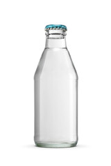 Soda in a small clear glass bottle with crown cap isolated. Transparent PNG image.