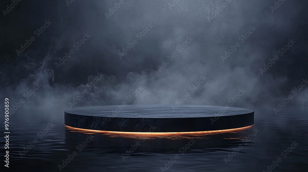 Poster a circular platform illuminated by a soft glow, surrounded by mist over still water, creating a myst