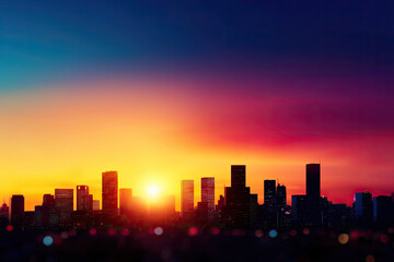 Stunning city skyline at sunset, showcasing vibrant colors and silhouettes of buildings against a colorful sky.