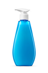 Blue clean unbranded cosmetics dispenser bottle isolated. Transparent PNG image.