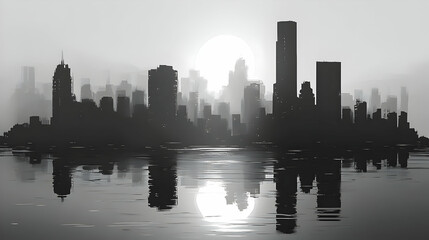 Fototapeta premium A black and white image of a city skyline with a bright sun rising behind the buildings. The sun is reflected in the water.