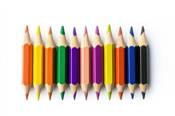 Fototapeta premium Close-Up of Colored Pencils Arranged in a Row on White Background. Beautiful simple AI generated image