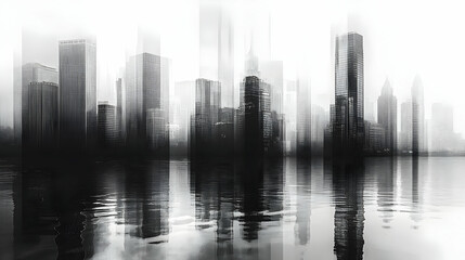 Fototapeta premium A black and white image of a city skyline with a reflection in the water. The image has a soft, dreamy look.
