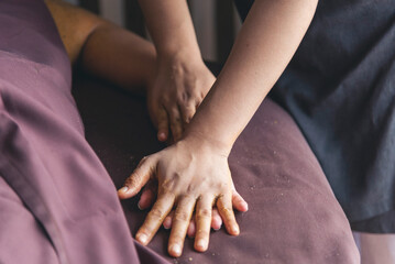 Massage Thai Spa arm hands massaging. Close up woman arm side therapy relax treatment in spa salon....