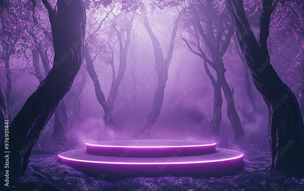 Poster a mystical forest scene with a glowing purple platform surrounded by trees and fog, creating an ench