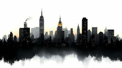 Fototapeta premium A black and white silhouette of a city skyline with a hint of sunrise in the background.