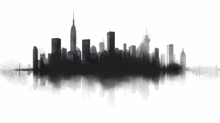 A black and white silhouette of a city skyline with a reflection in the water.