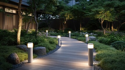 A serene garden path guides visitors to a traditional Japanese house at night, softly lit by white LED lamps, surrounded by roped rocks and lush plants