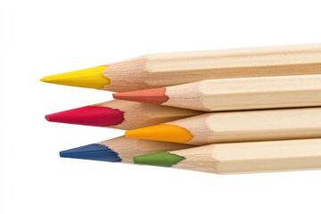 Obraz premium Colorful arrangement of sharpened colored pencils on a white background, perfect for art and education-related projects and designs.. Beautiful simple AI generated image