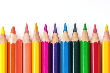 Close-Up of Colored Pencils Arranged in a Row on White Background. Beautiful simple AI generated image
