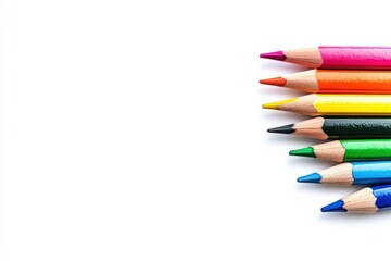Fototapeta premium Colorful arrangement of sharpened colored pencils on a white background, perfect for art and education-related projects and designs.. Beautiful simple AI generated image