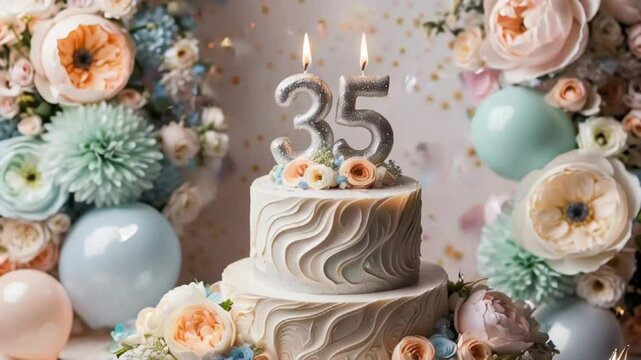 Delicious festive sweet cake with candle number 35, elegant flowers card holiday