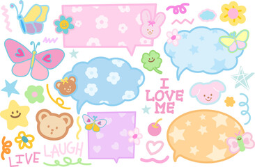 Pastel illustrations of butterfly, puppy, teddy bear, bunny, clover leaf, star, text bubbles for cartoon, animal, pet, zoo, souvenir shop, summer break, floral pattern, garden, blossom elements, icons