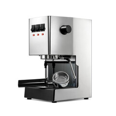 Classic manual stainless steel espresso coffee machine isolated. Transparent PNG image.