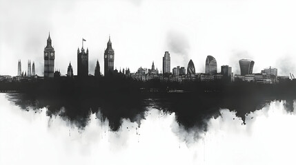 Naklejka premium A black and white watercolor cityscape of London's iconic skyline, including Big Ben, the Houses of Parliament, and the Shard.
