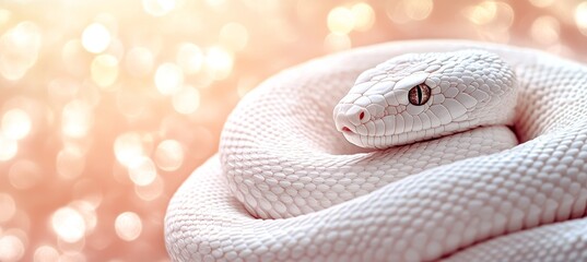Fototapeta premium Albino Snake, Year of the Snake. White serpent on a gold glittering bokeh. The Lunar New Year.