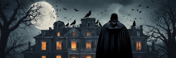 raven-headed figure cloaked in darkness stands before a gothic mansion, enveloped in an eerie atmosphere of fog and mystery, as crows circle above, evoking a haunting supernatural scene