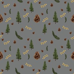 Christmas pattern with fir cones and garlands in watercolor style 