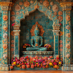 Obraz premium A serene Buddha statue surrounded by colorful flowers, showcasing intricate details in a tranquil temple setting.