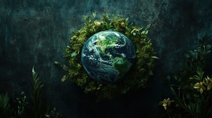 A green earth surrounded by plants and leaves on a blue background, AI