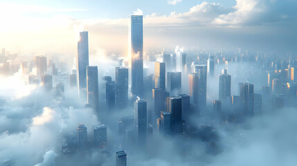 Fototapeta premium A breathtaking aerial view of a modern city shrouded in mist and bathed in the golden glow of sunrise.