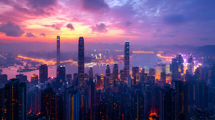Fototapeta premium A breathtaking aerial view of a modern city skyline at sunrise