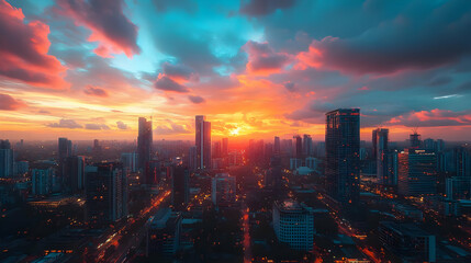 Fototapeta premium A breathtaking aerial view of a modern city skyline at sunset, with a fiery orange and pink sky casting an ethereal glow over the buildings.