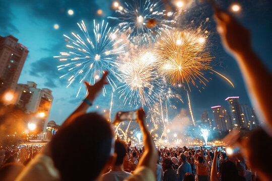 Spectacular fireworks lighting up the night sky at a New Year�s Eve celebration, with a crowd of people watching in awe