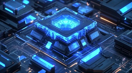 Fototapeta premium Glowing High-Tech Processor with Blue Neon