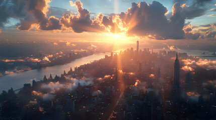 A breathtaking aerial view of New York City at sunrise, with the sun shining through the clouds and casting a golden glow over the cityscape.