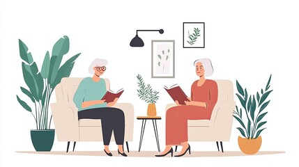 Two elderly women reading books in a cozy living room with plants and decorative elements.