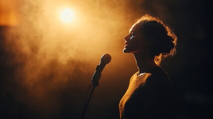 A woman is singing into a microphone on stage with a spotlight shining on her.